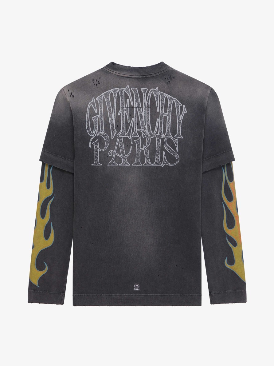 Uomini Givenchy Magliette | T-Shirt Sovrapposta In Cotone Con Stampa Fiamme Di Givenchy Nero