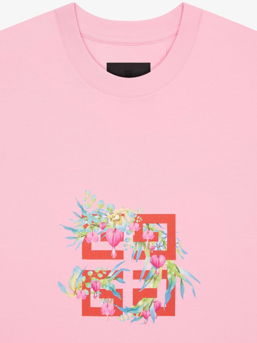 Donne Givenchy Magliette | T-Shirt In Cotone Con Stampa Fiori 4G Rosa Antico