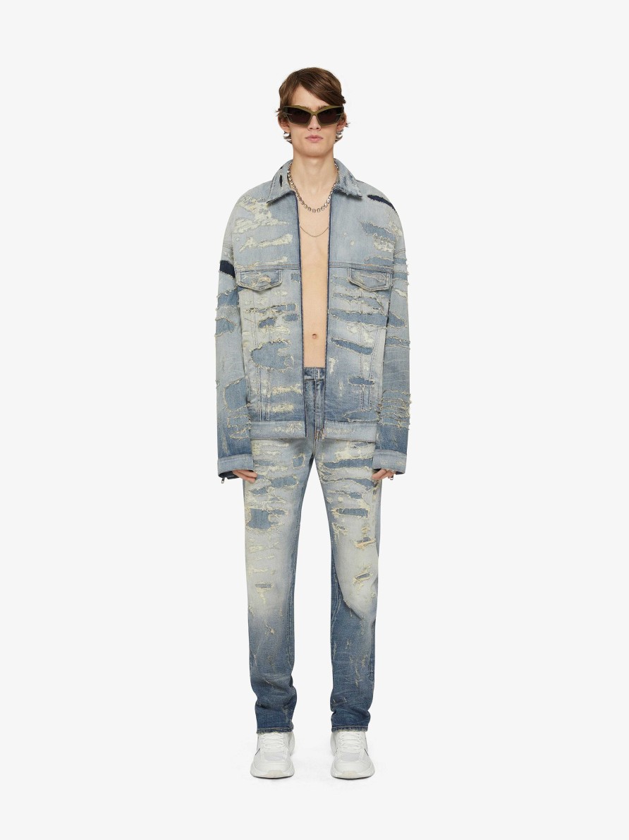 Uomini Givenchy Pantaloni | Jeans In Denim Strappato E Riparato Azzurro