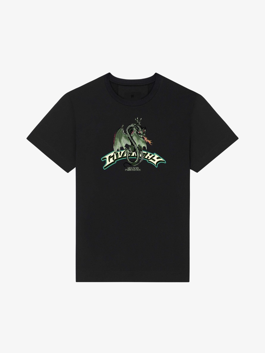 Uomini Givenchy Magliette | T-Shirt Slim Fit In Cotone Con Stampa Drago Di Givenchy Nero