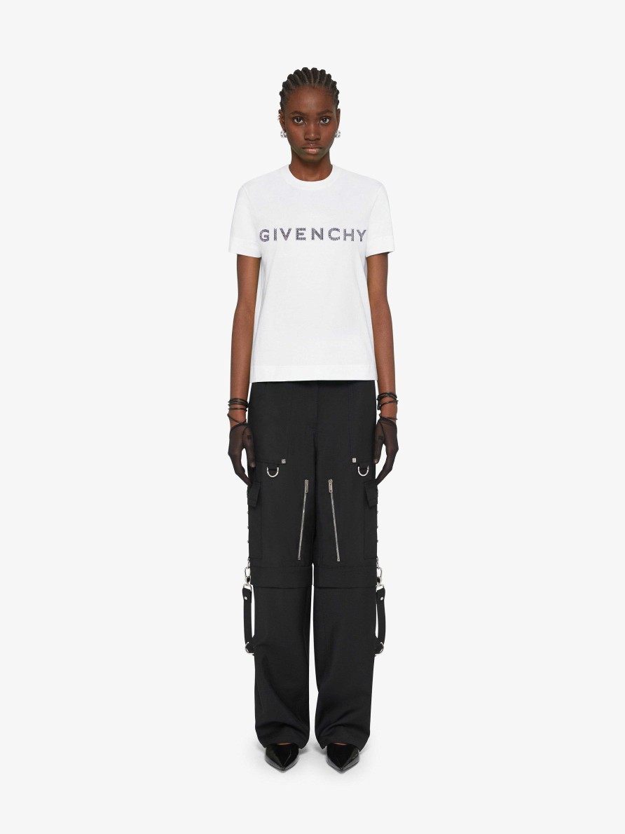 Donne Givenchy Magliette | T-Shirt Slim Fit In Cotone Con Strass Di Givenchy Bianco