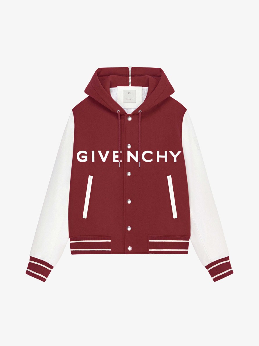 Uomini Givenchy Capispalla E Giubbotti | Giacca Varsity Con Cappuccio Di Givenchy In Lana E Pelle Borgogna/Bianco