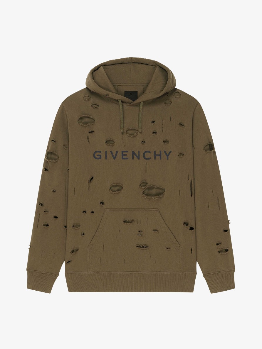 Uomini Givenchy Felpe E Felpe Con Cappuccio | Givenchy Felpa Con Cappuccio In Felpa Con Effetto Destroyed Cachi