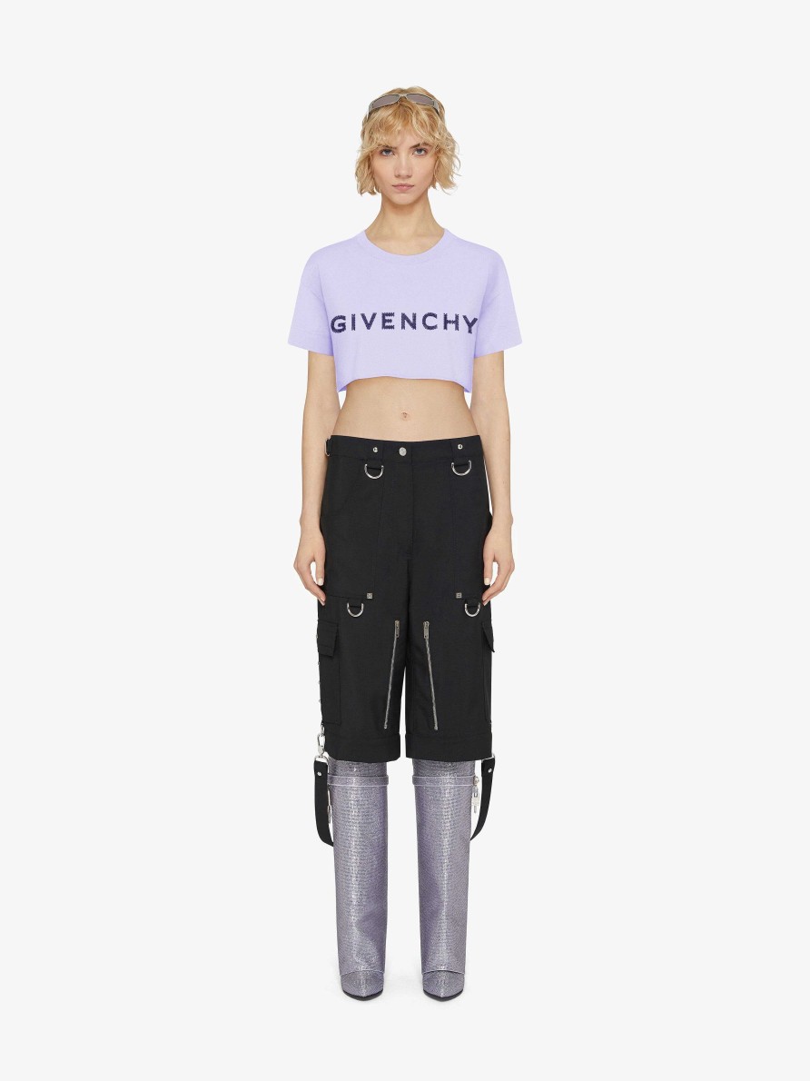 Donne Givenchy Magliette | T-Shirt Cropped In Cotone Con Strass Di Givenchy Lavanda