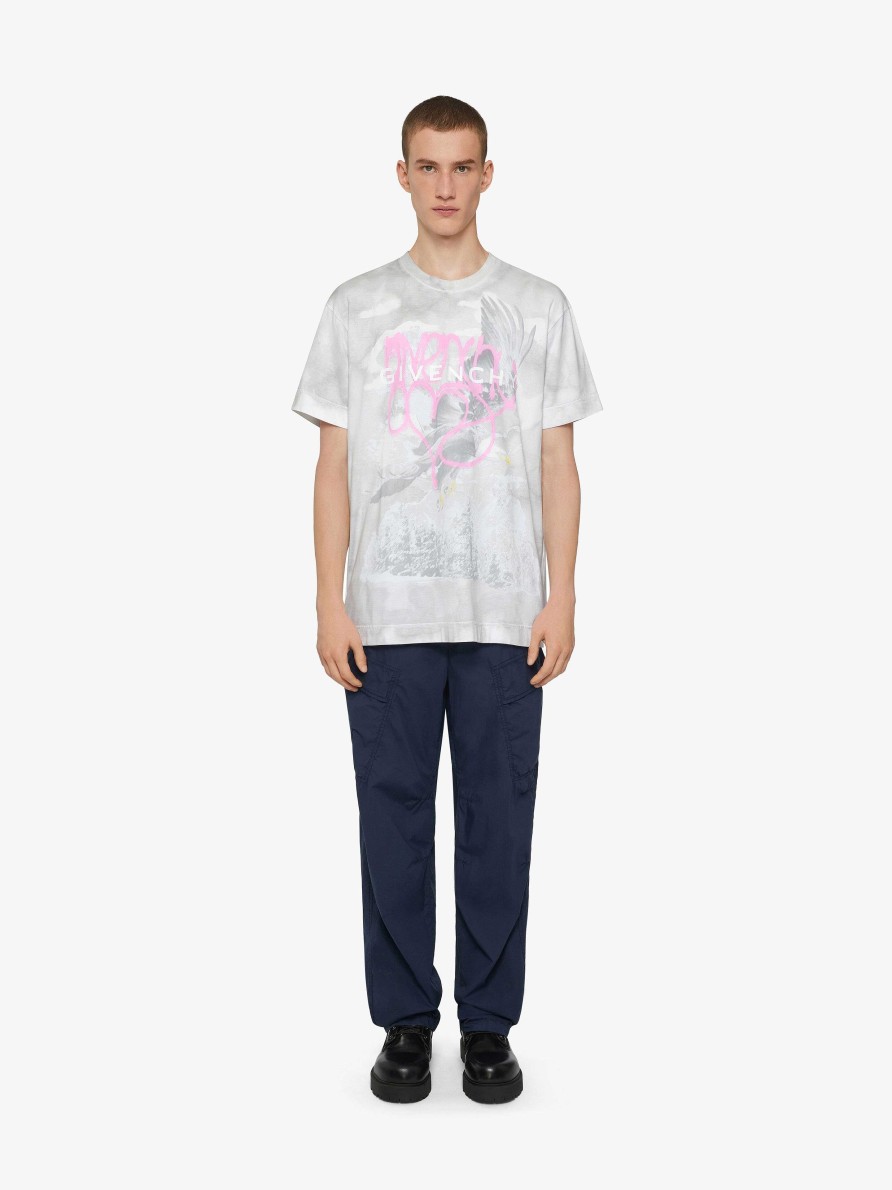 Uomini Givenchy Magliette | T-Shirt Oversize In Cotone Con Stampa Aquila Di Givenchy Grigio Fumo