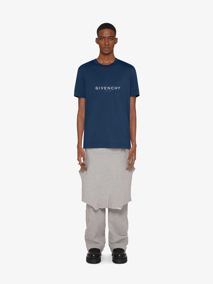 Uomini Givenchy Magliette | T-Shirt Reverse Slim Fit Di Givenchy In Cotone Blu Militare