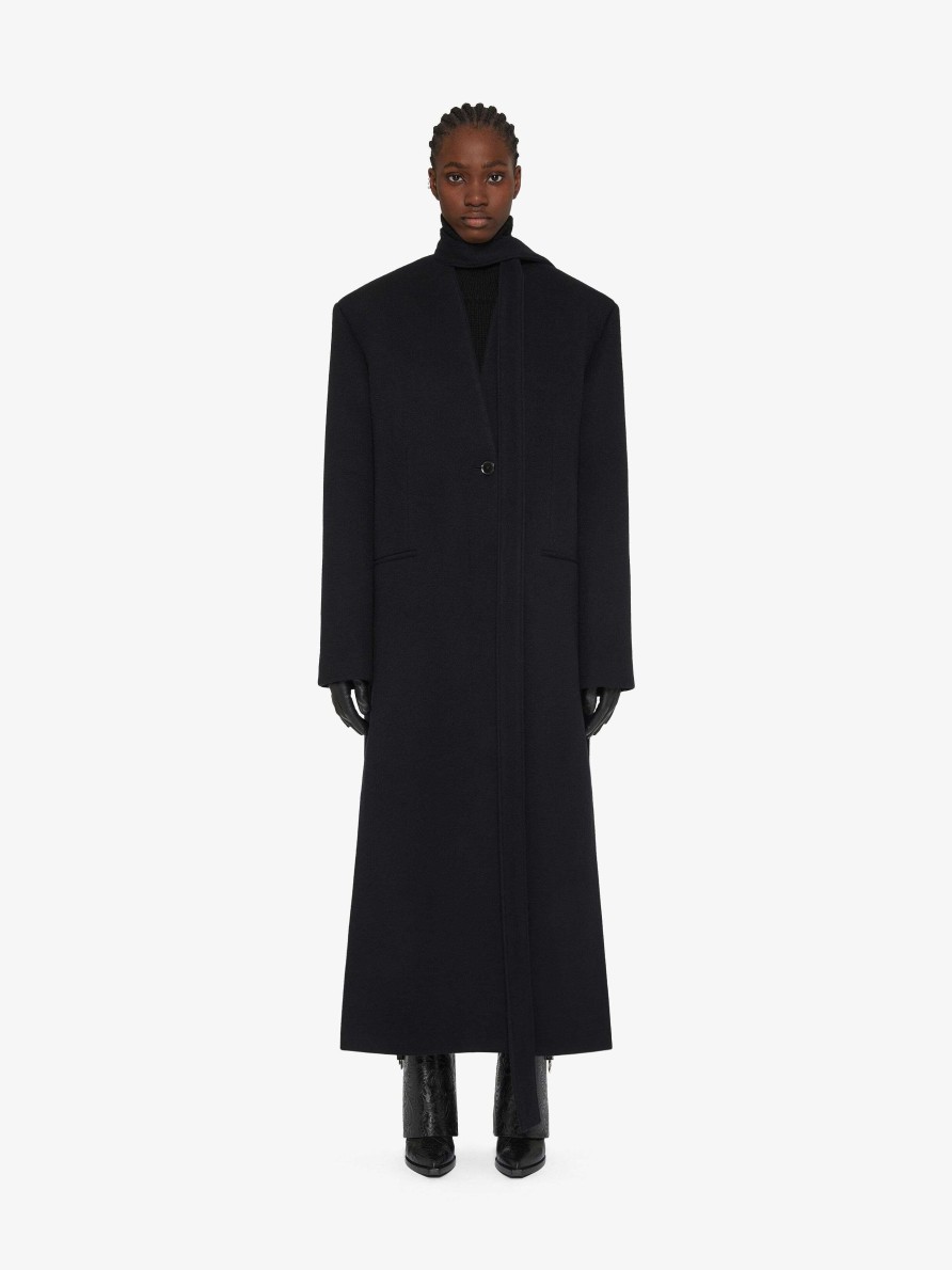 Donne Givenchy Giacche E Cappotti | Cappotto In Cashmere Double Face Con Sciarpa Nero